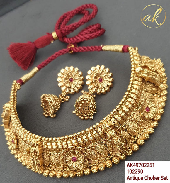 Shriramji Design Matte Gold Finish Choker Necklace set with Red Dori for women -LR001CNSR