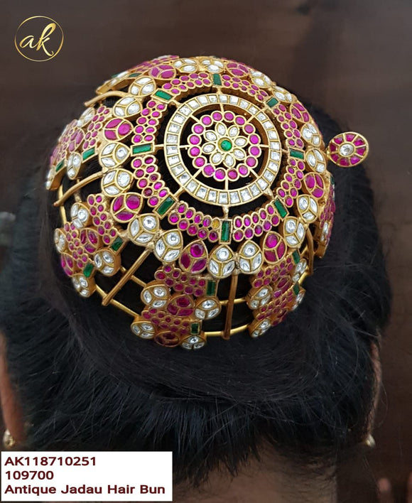 Mythili , Gold Finish Kemp stone studded Bridal Hair Bun / Hair Accessory for women -SHYAM001HE