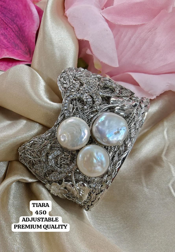 Sharmila ,Baroque Pearl studded elegant Silver Finish  Bracelet / Kada for women -SANDY001BWB