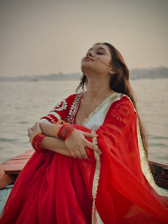 Red Lady , Beautiful Red Saree with Original Hand Charkhi Gotta Patti Work  with Fully Stitched Blouse-SKLCC001RL