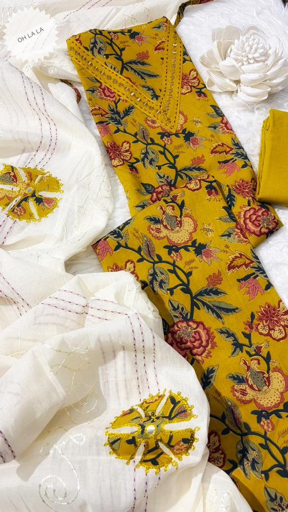 Elegant Yellow Cotton Salwar Suit material for women -SARA001SS