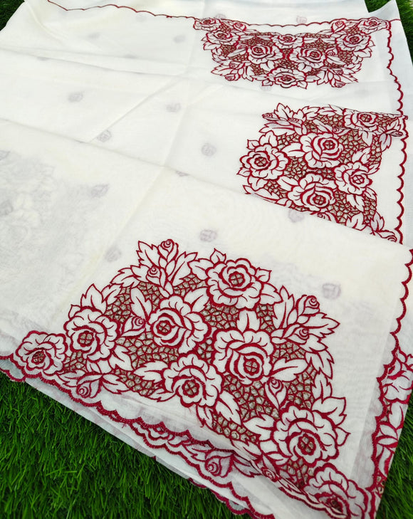 Christmas Special , Elegant Chanderi saree with matching blouse, featuring intricate cutwork floral detailing-DEEP001CS