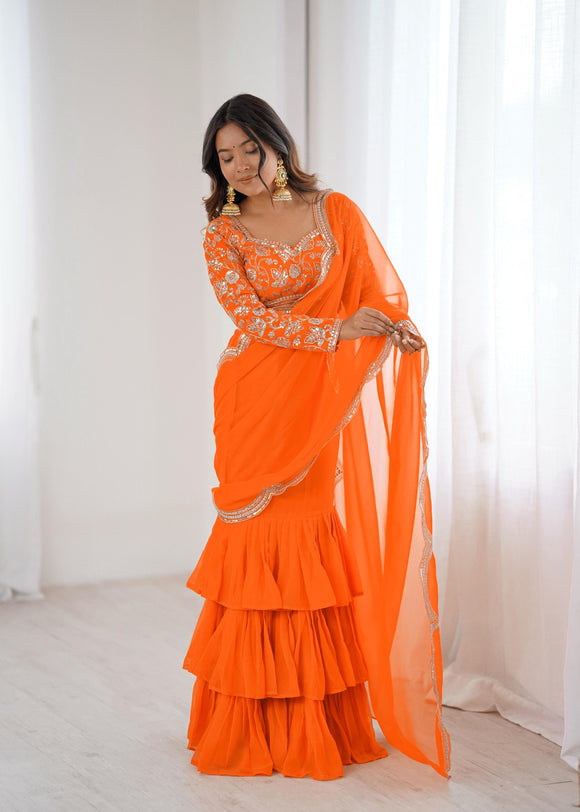 Orange Shade Ruffle Saree with Sequins Work for Women -SSS001ORS