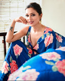 Blue Floral Beauty , New Design Launch Blue Floral Japan Satin Saree for women -TANVI001BS