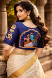 Shiv Parvathy Design Semi pure silk fabric Ready Made Blouse  with antique handcrafted work -SOC001RBDB