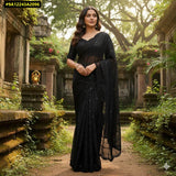 Tanuja , Pure space silk Black saree in velvet shine adorned with sequins and cutdana delicate handwork-DF3001BSSS