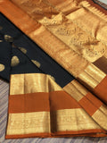Sri Lakshmi , elegant Black and Mustard Yellow Combination Kanjivaram Silk Saree for women -SACHI001BLY