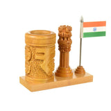 Wooden Handmade Pen stand with Indian rupee and national flag-ANUB001PS