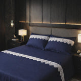 DEEP BLUE SILK LACE SERENITY SOLID 500TC PREMIUM BEDDING SET BY RB -RB001BSC
