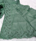 Sage Green Shade Cutwork Embroidery Saree in Semi Tussar Silk -DEEP001ST