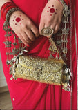Sitara , Exclusive Hand carved Premium Designer  German Silver Gold Plated Clutch Bag for women -AKSH001GCA