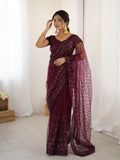 Wine Beauty , Celebrity Inspired Net Saree with Sequins work for Women -SSS001RSW