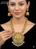 Manavathi , Antique Gold Polish Premium Brass Metal Green Kemp Stone Studded Long Haram Set for women -SHAKI001KLG