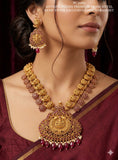 Tanarupi , Antique Gold Polish Premium Brass Metal Kemp Stone Studded Long Haram Set for women -SHAKI001KL