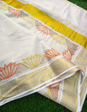 Lotus , Cutwork on Kerala Cotton Saree with Blouse - DIYA001CWS