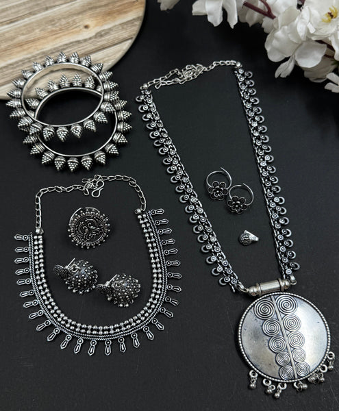 OX JEWELRY　Silver Mask Code & Necklace Mahika , Oxidized Silver Finish Double Necklace full combo set for