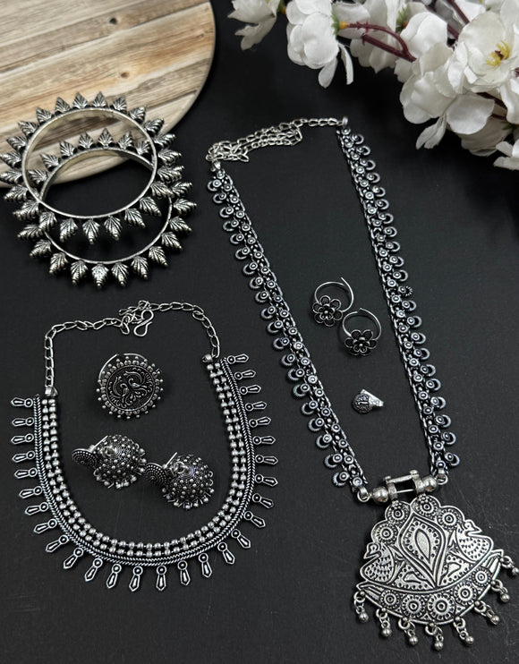 Komal , Oxidized Silver Finish Double Necklace full combo set for wome ...