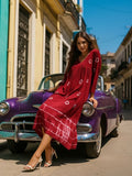 Womens Maroon Tie and Dye woven maxi A-Line dress , has a V- Neck, 3/4th sleeves , Flared hem-FOD001TD
