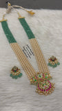 Gayatri , Gold Jewelry Finish Jadau Kundan Long 5 Strands Pearl Necklace Set  with Back Srew Earrings for women -TREND001JK