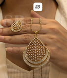 Sanya , Beautiful Real Dimond look pendent set with 18 inch chain with earrings in gold polish premium quality amazing finishing -SANDY001PS