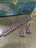 Pink Peony , Silver Finish Plush Pink Stones studded Diamond Inspired Slim Choker Necklace Set for women -JAYDU001DC