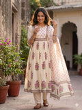 Sindoori , Pure Mul Cotton long A- line pattern Kurti set block floral print with pearl moti, sequins ,foil mirror work  -FOF001KPD