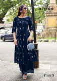 Deep Blue Beautiful Rayon Print Kurti  Palazo with Pocket-FOF001RKDB