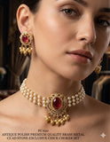 Raveena , Antique Gold Finish Brass Metal CZ AD Stone Chick Pearl Choker Necklace Set for women -SHAKI001PCA