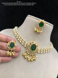 Deepika , Antique Gold Finish Brass Metal CZ AD Stone Chick Pearl Choker Necklace Set for women -SHAKI001PCB