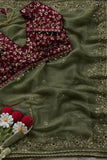 Tulsi , Glass silk saree with beautiful embroidery work touch up of sequins and unstitch silk blouse with work-SOC001GM