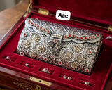 Original brass antique  silver  red meena kundan and glass kundan asthetic silver tone clutch bag-MUSK001SC