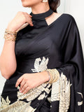 Black Kalamkari print satin silk saree for women -MISS001SSC