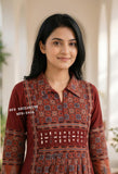 Maroon Premium Cotton Collared Dress /Kurti With Ajrak and original mirror work-DP001AJMK