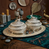 Silver Finish Enamel Peacock motif Sugar Pots with a oval serving tray and spoons-HRH001ST