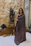 Damini , Black Ajrakh Gajji Bandej Soft Silk Saree with Mirror work - SOC001BS