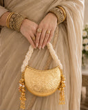 Nazraana Brass Bag  CRESECENT MOON Celebrity Clutch Bag with Pearl Handle-AKSH001CC