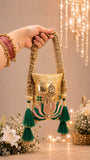 Maharani Lotus Clutch with Green Tassels for women -FASH001LCC