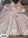 Pink Banarsi jacquard gown with self weaving  angrakha pattern Banarsi jacquard dupatta with self weaving-SOC001PBG