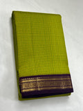 Radhika , Parrot Green Checked Pattern  Kanjivaram Silk Saree with Purple Borders and Pallu -PRS001CKS
