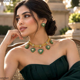 Maushmi , Gold Finish elegant Deep Green Polki Kundan Necklace Set for women -JAYDU001PA