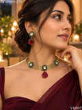 Shefali , Antique Gold Finish Red and Green Stone studded Designer Necklace Set for women -SIP001DN