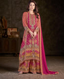 Gorgeous 'C ' cut kurta paired with  Sarara in pure crepe fabric with statement print intricate hand embroidered neckline Duppatta - FOF001PP