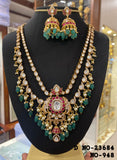 Madhumitha , Antique Gold Finish Jadau Temple Necklace Set with Real Kemp stones -LUCK001LK