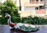 Pair of 2 , German Silver Peacocks  With Triple T-light candle stand with semi precious stone work on it -AKSH001PP