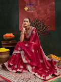 Pink Satin Chiffon Saree and Blouse with Thread work , Zarkan and Zari Embroidery -SADHNA001PK