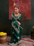 Green  Satin Chiffon Saree and Blouse with Thread work , Zarkan and  Zari Embroidery -SADHNA001G