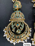Noorjahan , elegant Gold Jewelry Finish Jumka studded with Pearls and Turquoise Blue Beads with Kanchain -JAYDU001BTJ