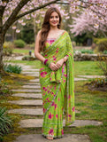 Parrot Green Faux Georgette Beads  & Real Mirror, Digital Print Work Saree -RAAL001GS