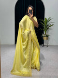 NEW SUPERHIT TRENDING YELLOW EMBROIDERED ZARI  SEQUINS WORK SAREE ON SUPREME CHINON FABRIC-TBC001YS