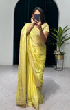 NEW SUPERHIT TRENDING YELLOW EMBROIDERED ZARI  SEQUINS WORK SAREE ON SUPREME CHINON FABRIC-TBC001YS